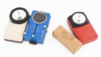 3 darab régi kézi lámpa + modern zseblámpa, közte Artas háromszínű lámpa