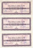 Románia 1983. "Román Külkereskedelmi Bank" 100L utazási csekk (3x) sorszámkövetők, perforációval, bélygzéssel, lyukasztással T:F anyaghiány Romania 1983. "Romanian Foreign Trade Bank" 100 Lei travellers cheques (3x) with consecutive serials, with overprint, perforation, and hole C:F missing material