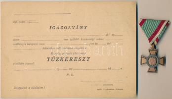 1942. "Tűzkereszt II. fokozata" bronzozott hadifém kitüntetés eredeti mellszalagon, kitöltetlen igazolvánnyal T:AU kis patina Hungary 1942. "Fire Cross, 2nd Class" bronze plated war metal decoration on original ribbon, with with a blank identity card C:AU small patina NMK 447.