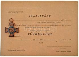 1942. "Tűzkereszt II. fokozata" bronzozott hadifém kitüntetés mellszalag nélkül, kitöltetlen igazolvánnyal T:XF patina Hungary 1942. "Fire Cross, 2nd Class" bronze plated war metal decoration without ribbon, with a blank identity card C:XF patina NMK 447.
