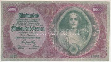 Ausztria 1922. 5000K T:F, függőleges vonalban kopás Austria 1922. 5000 Kronen C:F, worn in vertical line Krause P#79