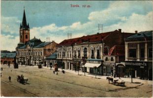 Torda, Turda; Fő tér, Horváth József és fia, Kleinhempel Samu és András Géza üzlete, Jónás Elek étterme, gyógyszertár. Füssy I. kiadása / street view, shops, restaurant, pharmacy (fl)