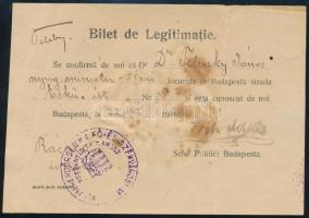 1919 Dr. Teleszky János (1868-1939) volt pénzügyminiszter, MTA tag nevére szóló román nyelvű Budapesten kelt igazolás a megszállás idejéből