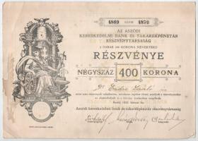 Aszód 1922. "Az Aszódi Kereskedelmi Bank és Takarékpénztár Részvénytársaság" két darab, né...