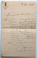 1896 Darányi Ignác földművelésügyi miniszter saját kézzel írt és aláírt részvétnyilvánító-levele minisztériumi papíron