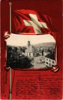 1902 La Chaux-de-Fonds, Le Temple et vue generale. Delachaux &amp; Niestlé Art Nouveau litho montage with Swiss flag (EK)