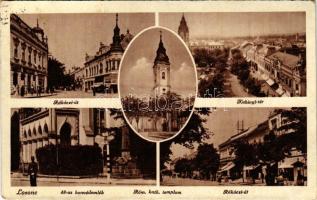 1944 Losonc, Lucenec; Rákóczi út, Kubinyi tér, 48-as honvéd emlékmű, rendőr / street view, square, Hungarian military monument, policeman (EK)