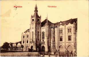 1907 Munkács, Mukacheve, Mukacevo; Városháza, Grünfeld W., Rosner Mór, Kahán Áron, Pannonia könyvnyomda üzlete és saját kiadása 115. / town hall, shops, publishing house (fl)