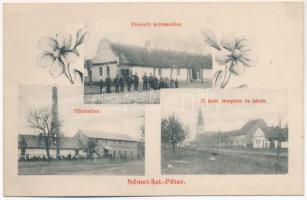 1910 Németszentpéter, Deutschsanktpeter, Sanpetru German; Római katolikus templom és iskola, gőzmalom, Preisach Péter üzlete / Catholic church and school, steam mill, shop of Preisach. Floral