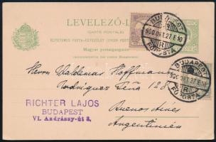 1900 Díjjegyes levelezőlap 1f + csillag vízjeles 4f díjkiegészítéssel Argentínába. Ritka destináció!