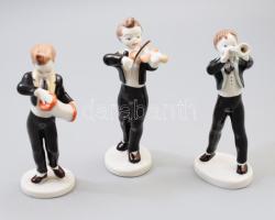 Hollóházi zenekar - hegedűs, harmonikás, fúvós figurák. Terv.: Káldor Aurél. Jelzett, kopással, m: 13-14 cm