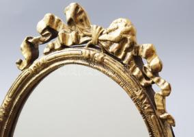 Asztali tükör, fa keretben, bronzírozott fém szerelékkel, pótolt résszel, m: 42,5 cm