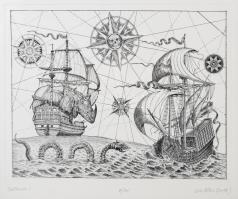 Orosz István (1951-): Szélrózsák I, 2017. Rézkarc, papír, jelzett. Számozott (15/100). Üvegezett fakeretben. 30×37 cm