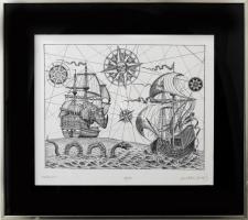 Orosz István (1951-): Szélrózsák I, 2017. Rézkarc, papír, jelzett. Számozott (15/100). Üvegezett fak...