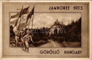 1933 Gödöllő, Cserkész Jamboree 1933 / 4th World Scout Jamboree in Hungary, Hungarian boy scouts with flags (EK)