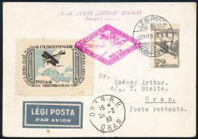 1933 Gerle földközi tengeri körrepülés levelezőlap / Mediterranean round flight postcard BUDAPEST - ORAN