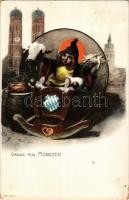 1906 Gruss aus München! / Német sör reklám / German beer advertisement. Heliocolorkarte von Ottmar Zieher (EK)