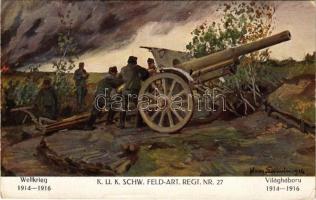 1917 K.u.k. Schw. Feld-Art. Rergt. Nr. 27. Weltkrieg 1914-1916. Farben-Klischee A. Krampolek. Verlag K.u.k. Kmdo. der 27. Inf. Trp. Dion. / A tiszta jövedelem a Kárpátokban elpusztított falvak újjáépítésére és a második hadsereg legénységi özvegyei és árvái alapítványra fordíttatik / WWI Austro-Hungarian military art s: Hans Larwin (EK)