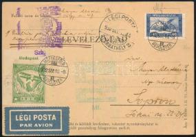 1932 Légi levelezőlap 40f bérmentesítéssel és levélzáróval, "STELLA DI SAVOIA TURAREPÜLÉS BUDAPEST"