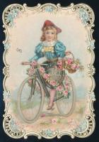 cca 1900 Biciklis lánykát ábrázoló kávés reklám dombornyomott litográfia 8x11 cm   circa 1900 Coffee advertisement depicting a girl on a bicycle embossed lithograph 8x11 cm