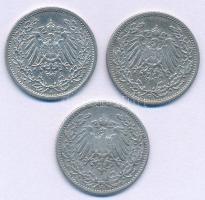 Német Birodalom 1905J 1/2M Ag + 1908G 1/2M Ag + 1913A 1/2M Ag T:AU-F patina German Empire 1905J 1/2 ...