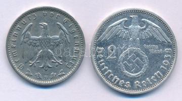 Német Harmadik Birodalom 1934D 1M Ni + 1938G 2M Ag "Hindenburg" kapszulában T:XF
German T...