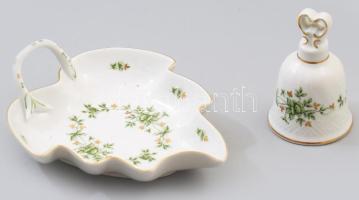 Hollóházi Erika mintás levél alakú kínáló és csengő, jelzett, h: 19 cm, m: 10 cm