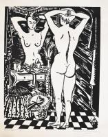 Laure Malcles Masereel (1911-1981): Női akt (Devant la glace), 1973. Fametszet, papír, jelzett, Laure Malcles Masereel autográf ajándékozási soraival Lengyel Béla irodalomtörténész részére (Lengyel Béla rendezte Budapesten a Masereel kiállítást), feltekerve, 50x40 cm