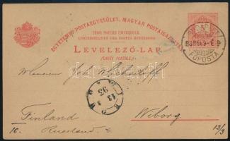 1893 5kr díjjegyes levelezőlap Oroszországba "BUDAPEST / FŐPOSTA" - "WIBORG"