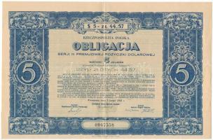 Lengyelország 1931. 5$-os prémium hitelkötvény, hozzá 4db szelvénnyel T:F, szép papír, ceruzás firka a hátoldalon Poland 1931. 5 Dollars premium loan bond, with 4 coupons C:F, nice paper, pencil doodle on the back