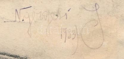 Nyergesi János (1895-1982): Pipázó katona portréja, 1933. Szén, papír, jelzett. Lap teteje papírra k...