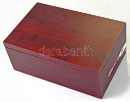12db plasztik érmesor tárolására alkalmas fadoboz (270x105x110mm), használt állapotban, , zsanérok m...