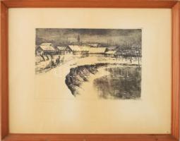 Gy. Molnár István (1933-): Behavazott falu. Rézkarc, papír, jelzett, 21x28 cm. Üvegezett keretben