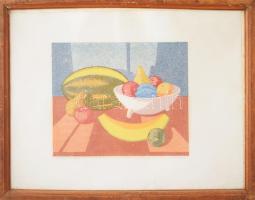 Jánosi Sándor (1927-1982): Dinnyés csendélet. Színes linómetszet, papír. Jelzett. Üvegezett fakeretb...