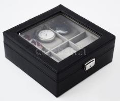 Dekoratív óradoboz benne néhány nagyrészt mechanikus kar- és zsebóra