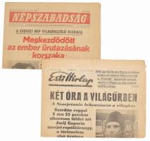 1961 Jurij Gagarin űrrepüléséről beszámoló újságok, 2 db: Népszabadság 1961. ápr. 13-i száma + Esti Hírlap 1961. ápr. 13-i száma, kisebb sérülésekkel