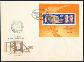 1978 75 éves a motoros repülés vágott blokk FDC-n (5.000)