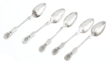 Ezüst(Ag) monogramos mokkás kanál, 5 db, jelzett, h: 10,5 cm, nettó: 52,6 g