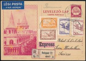 1931 Ajánlott expressz légi 20f díjjegyes levelezőlap 4 bélyeges kiegészítéssel Budapestről Svájcba