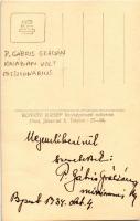 1934 P. Gábris Grácián ferences szerzetes, misszionárius Kínában. Saját kezű sorai és aláírása a hát...