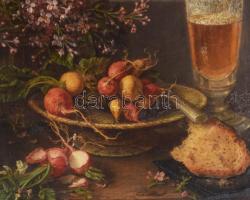 Ádler Mór (1826-1902): Csendélet, 1894. Olaj, vászon, jelezve jobbra lent, sérült. Dekoratív fakeret...