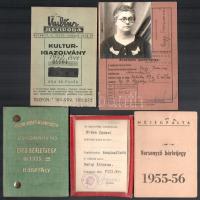 1935-1956 5 db igazolvány (Kultúrigazolvány, Műjégpálya versenyző bérletjegy, MÁV, stb.)