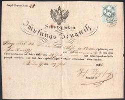 1852 Himlőoltási bizonyítvány 15kr illetékbélyeggel