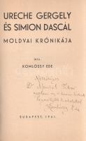 Komlóssy Ede:  Ureche Gergely és Simion Dascal moldvai krónikája. (Dedikált.) Budapest, 1941. (Szerző - Sylvester Rt.) [2] + 52 p. Egyetlen kiadás. Dedikált: "Méltóságos dr. Mendöl Tibor egyetemi ny. r. tanár úrnak legmélyebb tisztelettel: Komlóssy Ede". Összefoglalás az első fennmaradt román nyelvű krónikákról, melyek 1642-1647, illetve 1654-1660 között keletkeztek. A rövid tanulmány beszámol a két krónika forrásairól, tendenciáiról, illetve a krónikáknak a román történeti hagyományon belüli jelentőségéről. Komlóssy Ede ismertetése szerint a vizsgálat tárgyává tett két krónika összességében erősen elfogult, a moldvai vajdák tetteit megszépítő szövegek elhallgatják a tényt, hogy a moldvai vajdák külföldi hatalmak, így esetenként a magyar királyok vazallusai voltak, hadjárataik jelentőségét pedig erősen eltúlozzák. Komlóssy Ede ugyanakkor beszámol arról is, hogy a két korai szöveg egyike nem örvend jó hírnévnek a román történeti hagyományban, a moldvaiakat ugyanis útonállók, bűnözők leszármazottjainak tekinti. Prov.: Mendöl Tibor. [Mendöl Tibor (1905-1966) geográfus, egyetemi tanár, a hazai településföldrajz meghatározó szakértője.] Fűzve, kiadói borítóban. Jó példány.