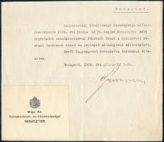 1939 Bp., M. kir. Kereskedelem- és közlekedésügyi miniszter által küldött tájékoztató levél miniszteri műszaki tanácsosi kinevezésről