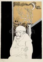 Szász Endre (1926-2003): Illusztráció Francois Villon művéhez. Szitanyomat, papír, jelzett, művészpéldány EA XIII/XXV számozással. Hátoldalán Faludy György autográf aláírásával. Az 1996-ban megjelent Francois Villon balladái Faludy György átköltésében c. mappából. 41x29,5 cm. Üvegezett fakeretben.