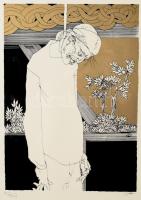 Szász Endre (1926-2003): Illusztráció Négysoros vershez, melyet Villon halálítélete szélére írt Szitanyomat, papír, jelzett, művészpéldány EA XIII/XXV számozással. Hátoldalán Faludy György autográf aláírásával. Az 1996-ban megjelent Francois Villon balladái Faludy György átköltésében c. mappából. 41x29 cm. Üvegezett fakeretben.