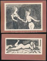 Tsuguharu Foujita (1886-1968): Aktok, 2 db kartonra ragasztott fametszet, jelzés nélkül, 5,5×12 és 9×12,5 cm