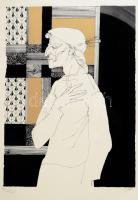 Szász Endre (1926-2003): Illusztráció Francois Villon balladáihoz. Szitanyomat, papír, jelzett, művészpéldány EA XIII/XXV számozással. Hátoldalán Faludy György autográf aláírásával. Az 1996-ban megjelent Francois Villon balladái Faludy György átköltésében c. mappából. 41x29,5 cm. Üvegezett fakeretben.