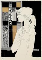 Szász Endre (1926-2003): Illusztráció Francois Villon Chanson a párizsi szépasszonyokról c. művéhez. Szitanyomat, papír, jelzett, művészpéldány EA XIII/XXV számozással. Hátoldalán Faludy György autográf aláírásával. Az 1996-ban megjelent Francois Villon balladái Faludy György átköltésében c. mappából. 41x29,5 cm. Üvegezett fakeretben.